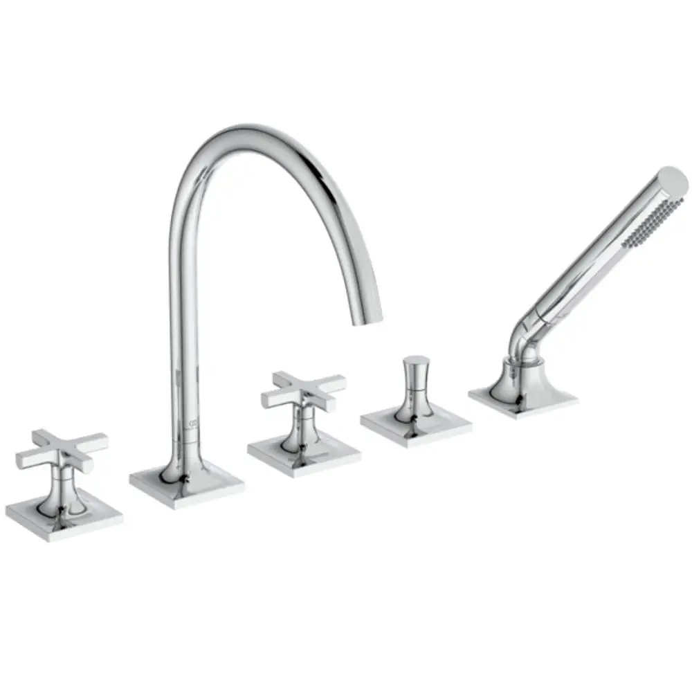 Fünfteilige Badearmatur in Chrom von Ideal Standard, bestehend aus einem Hauptwasserhahn und zwei Kreuzgriffen sowie einer Handbrause, für Wannenrandmontage geeignet.